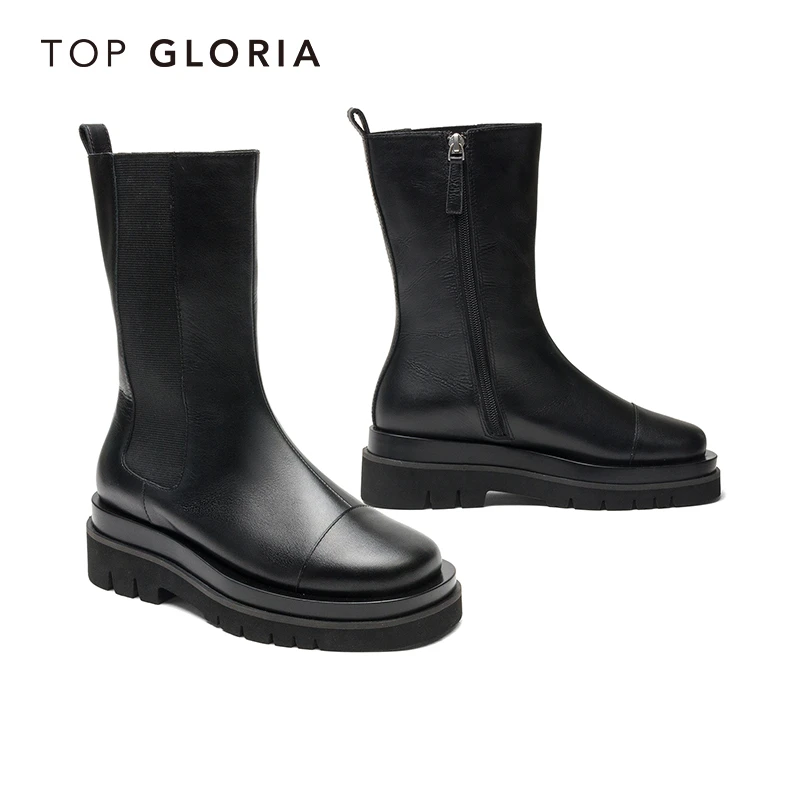 汤普葛罗冬季新款切尔西靴INS潮厚底中筒烟筒靴暗黑系短靴