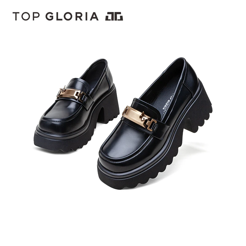 汤普葛罗2024秋冬新款气质粗跟百搭乐福鞋松糕厚底时尚复古小皮鞋