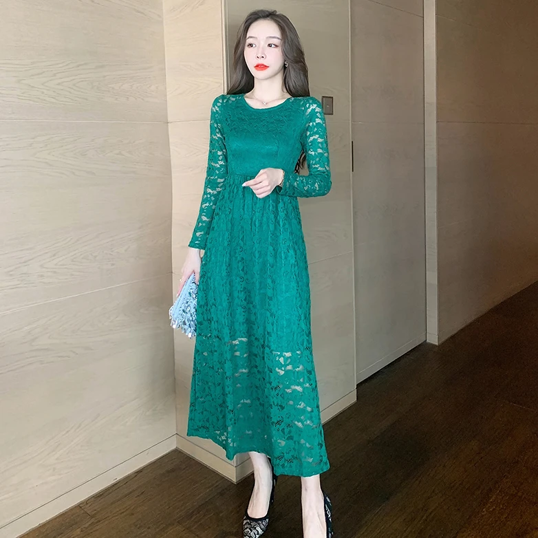 2024新款连衣裙春秋女名媛气质圆领长袖显瘦蕾丝礼服A字裙大摆裙