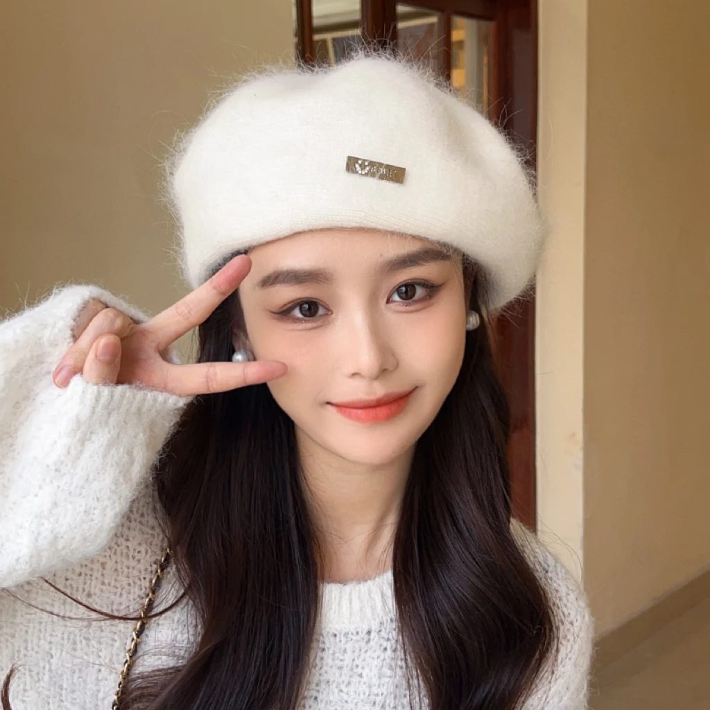 朵润大头围兔毛针织贝雷帽女秋冬季韩版网红显脸小气质保暖画家帽