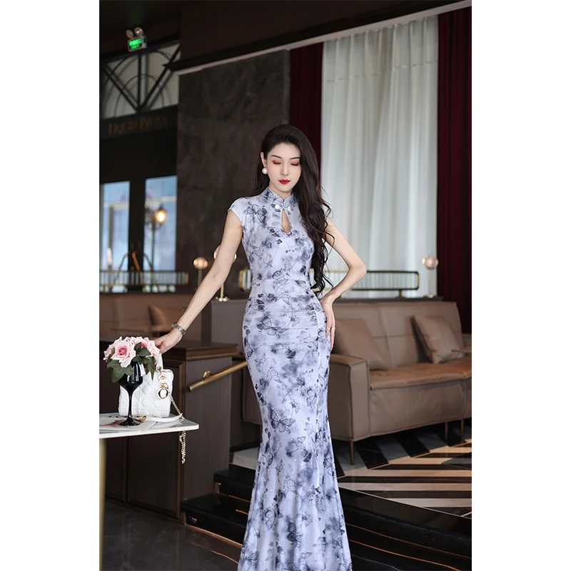 【尤克菲儿】烟雨江南 新中式高定网底印花扎染气质修身复古旗袍