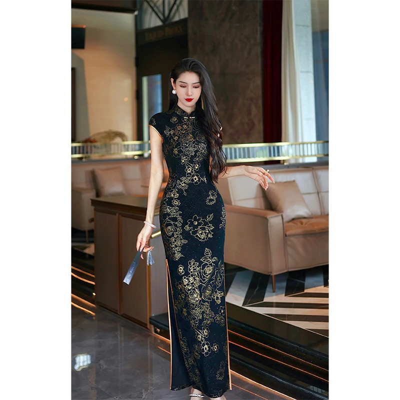 【尤克菲儿】原创设计醋酸提花显瘦夏季复古印花中长款新中式旗袍
