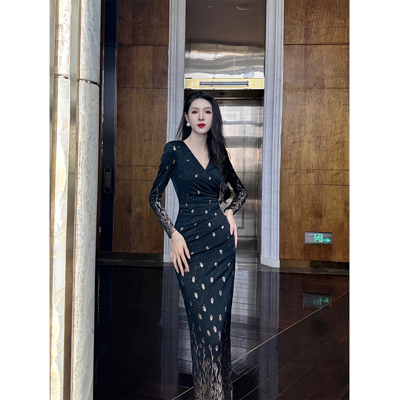 尤克菲儿 小众设计气质轻奢醋酸连衣裙时尚优雅后工艺烫金长裙