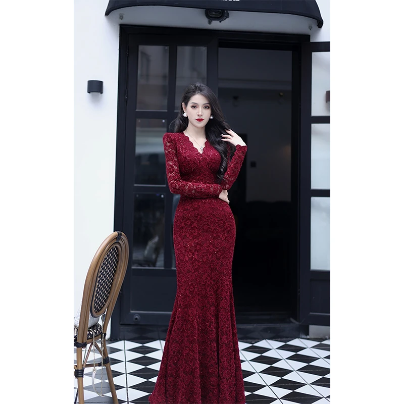 【尤克菲儿】原创设计高定轻奢蕾丝植绒裙法式名媛包臀亮片连衣裙