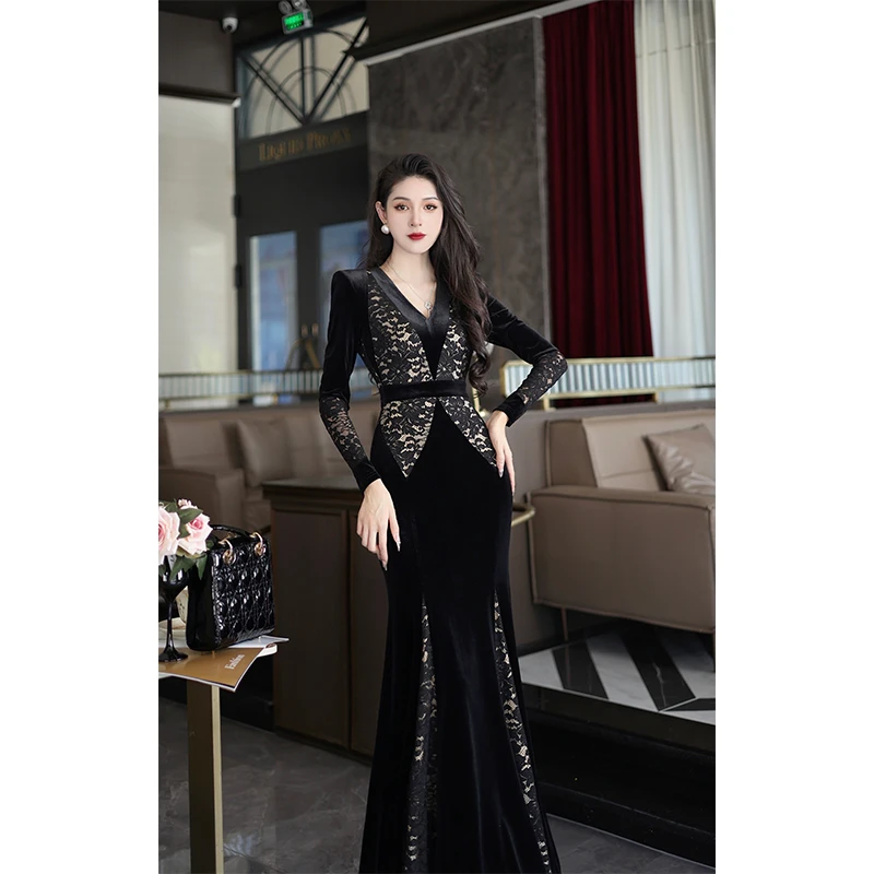 【尤克菲儿】原创轻奢高定丝绒拼接蕾丝名媛气质优雅修身连衣裙