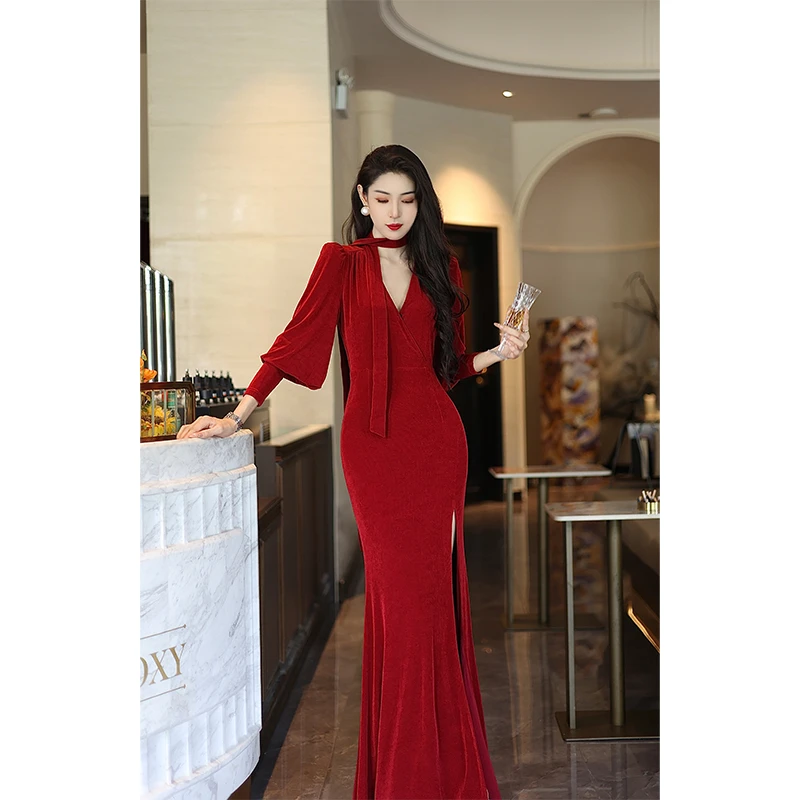 【尤克菲儿】原创设计轻奢名媛高定醋酸显瘦复古开叉飘带连衣裙