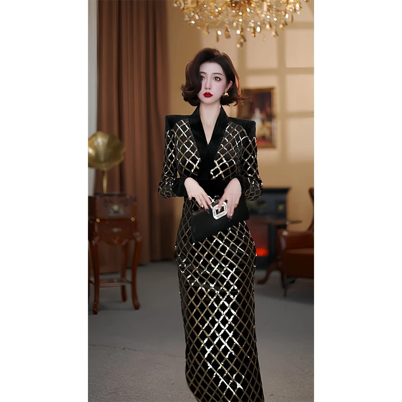 【大晶专属】“金情交织”高定丝绒千鸟格亮片拼接修身轻奢连衣裙