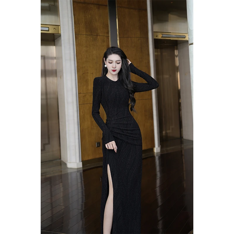 【尤克菲儿】原创设计高定亮丝褶皱针织轻奢气质优雅修身收腰连衣裙