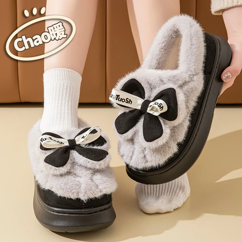 供应家居棉鞋女秋冬季毛绒保暖 新款蝴蝶结室内可爱棉拖包跟