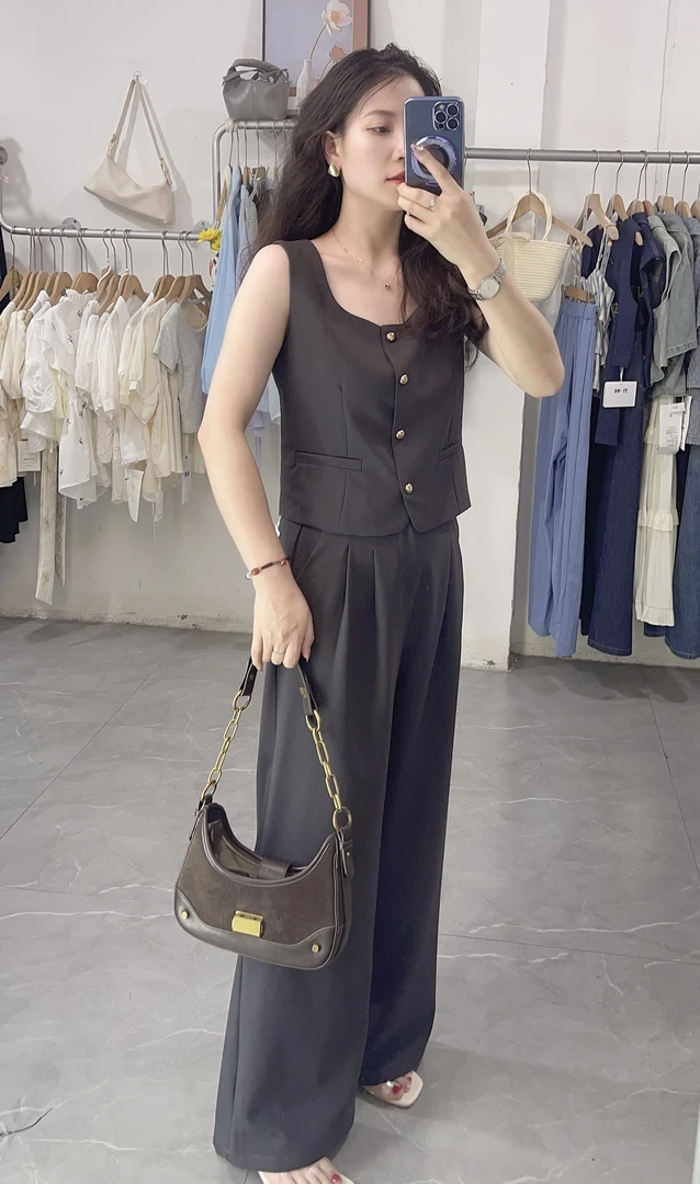 特2024夏新修身显瘦无袖背心单排扣淑女上衣+阔腿长裤气质两件套