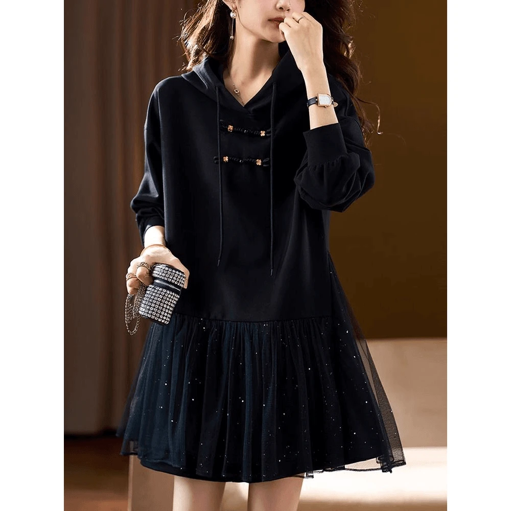 网纱拼接大码显瘦气质百搭连衣裙2024早秋新款宽松连帽卫衣裙子女