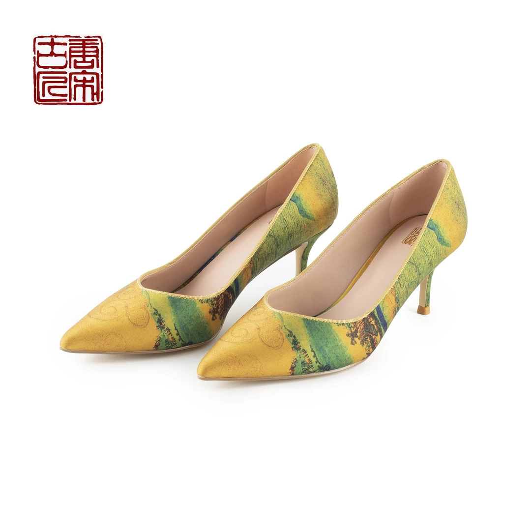 断码专属[千里江山图]国风优雅气质浅口旗袍高跟鞋H138