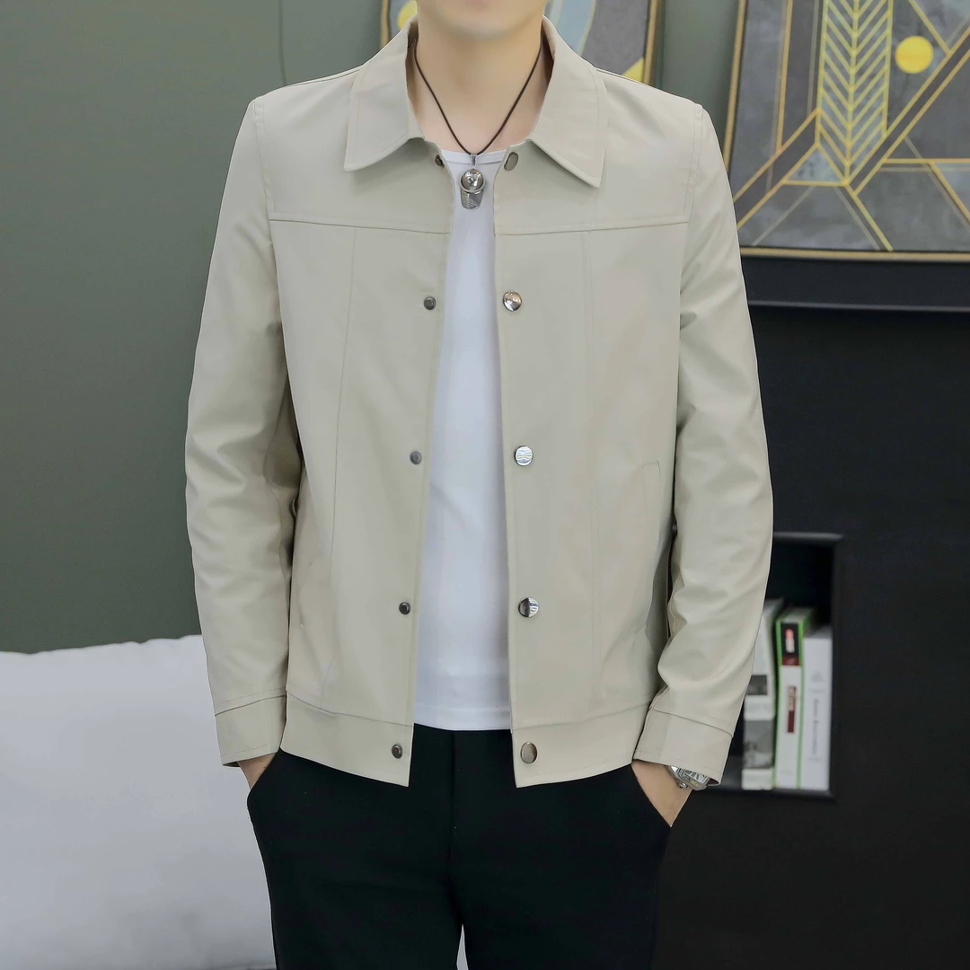 春秋季薄款夹克男韩版修身潮流休闲翻领外套青年帅气纯色秋装上衣