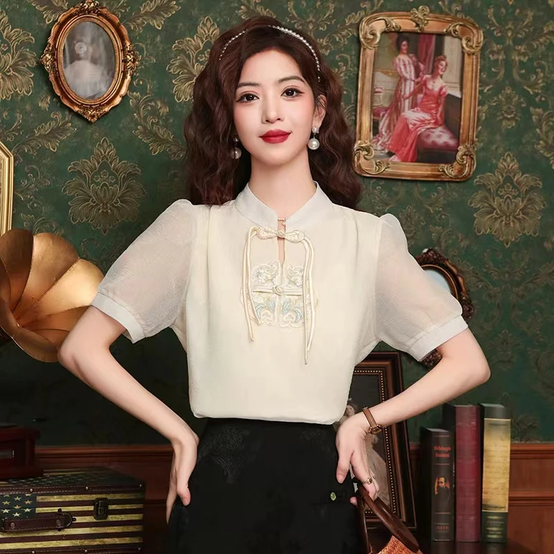 2025春夏新款新中式刺绣盘扣短袖上衣显瘦气质衬衣女民国风衬衫