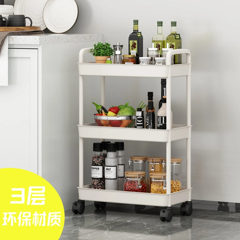 3层黑白厨房置物架落地收纳架储物架儿童书架带轮子可移动ZB15