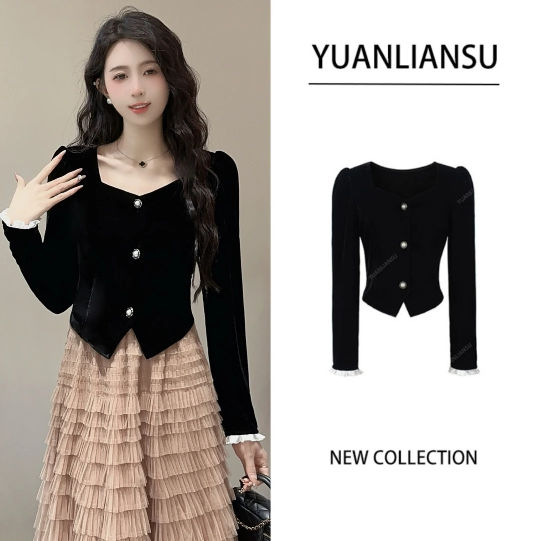 YUANLIANSU/圆脸酥【日落锡兰】法式小香风优雅气质黑色丝绒衬衫女