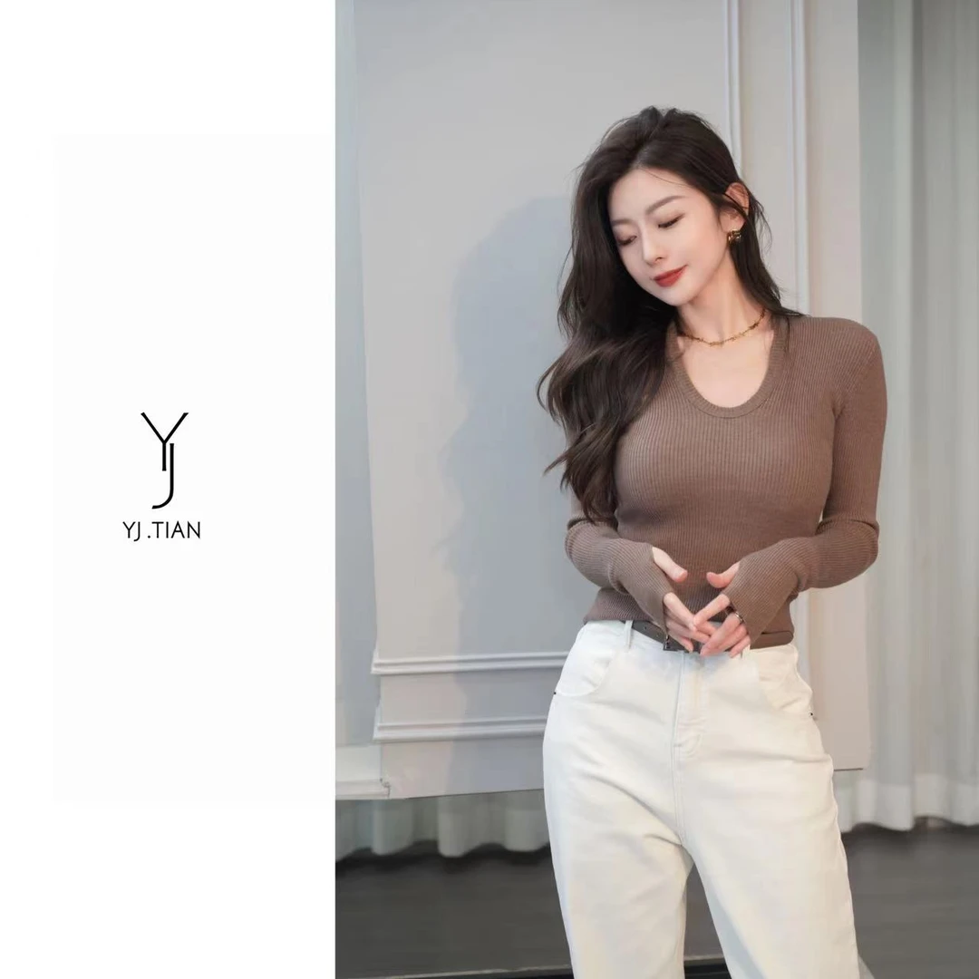 YJ.TIAN【浮光岛屿】简约气质弹力修身U领针织上衣-9066
