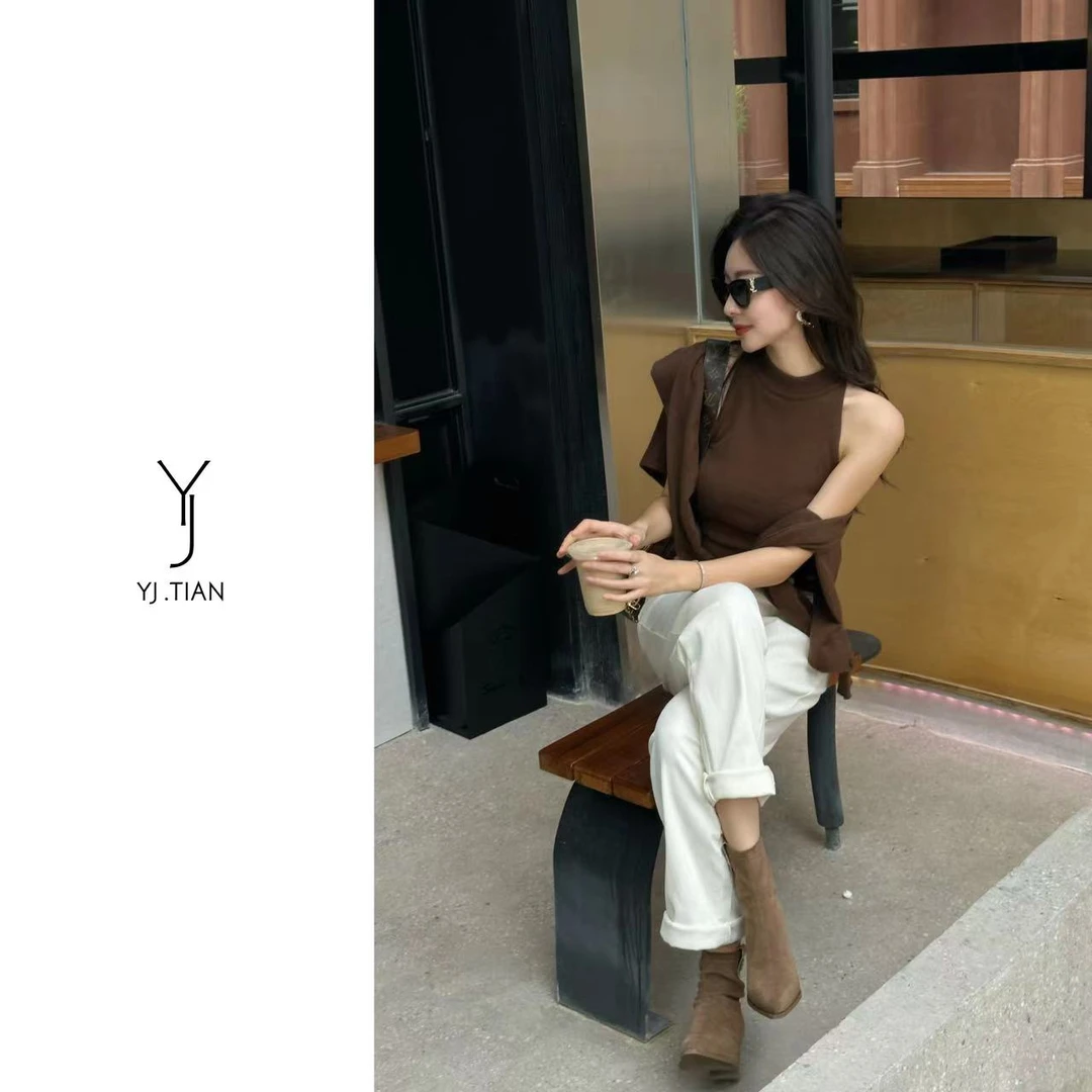 YJ.TIAN【街角咖啡屋】极简风设计感针织背心开衫两件套-89309