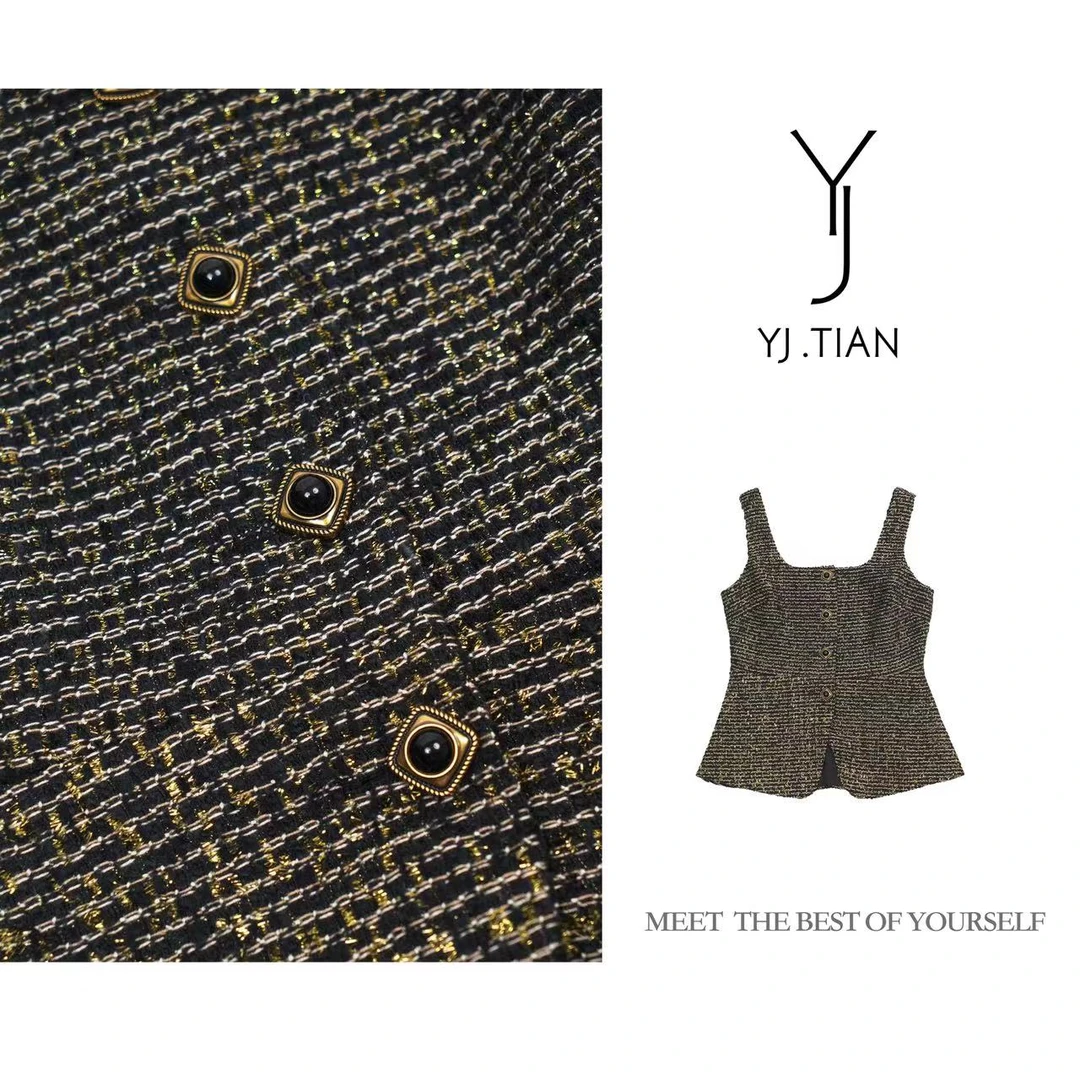 YJ.TIAN【中古女郎】复古时髦气质无袖编织感小香风马甲背心-23388