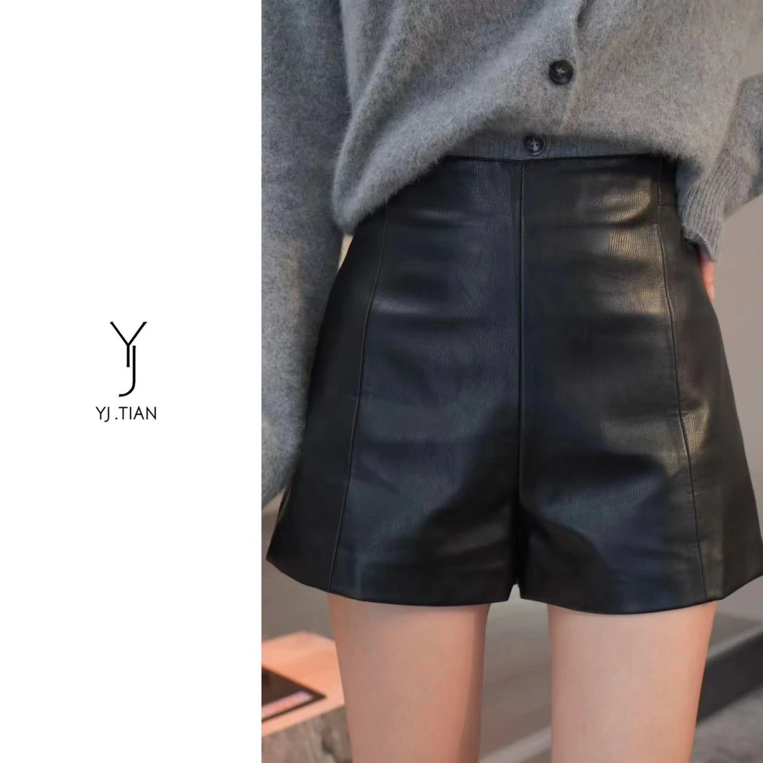 YJ.TIAN【米兰画报】秋冬显瘦显腿直高腰A版pu皮短裤-5025