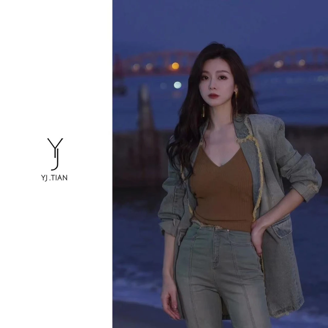 YJ.TIAN【私服牛仔】小众美式牛仔西装水洗毛边牛仔外套-65595