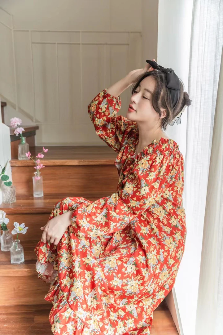 YQ复古时尚碎花气质家居睡裙Q2275