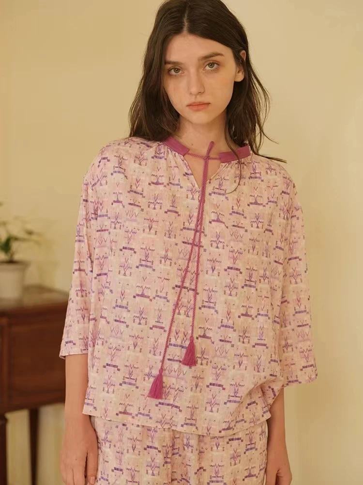 朵朵可可新款棉质印花睡衣小碎花七分袖甜美家居套装cz059