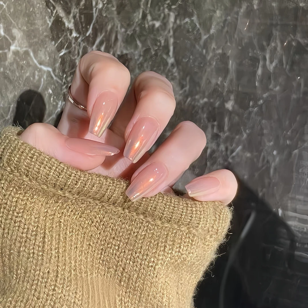 纯手工光疗穿戴甲天空之镜轻奢裸色极光粉渐变纯欲简约显白美甲贴