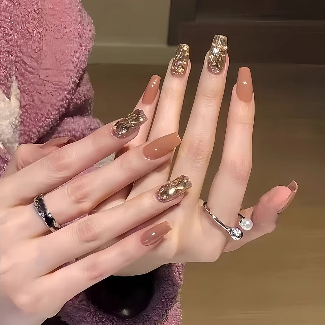 温柔肉桂裸色轻奢满钻款式假指甲贴片中长梯形纯手工穿戴美甲