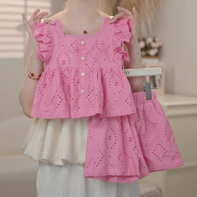 儿童套装韩版女童套装洋气时髦飞袖上衣女宝宝宽松荷叶边两件套潮