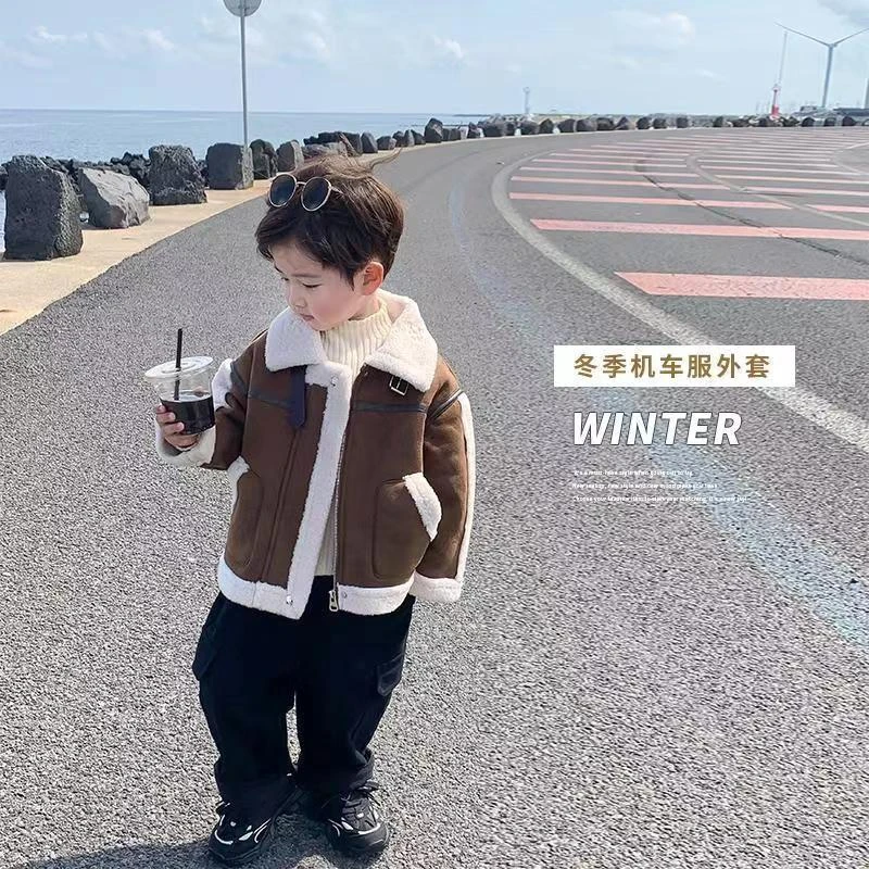 男童加绒外套23新款冬季女儿童羊羔绒皮毛一体机车服加厚冬装洋气