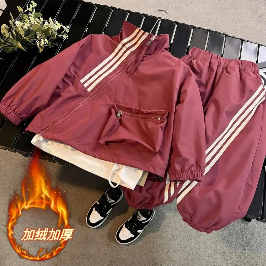 加绒加厚男童秋冬套装2024款儿童运动长袖加厚开衫中小童两件套潮