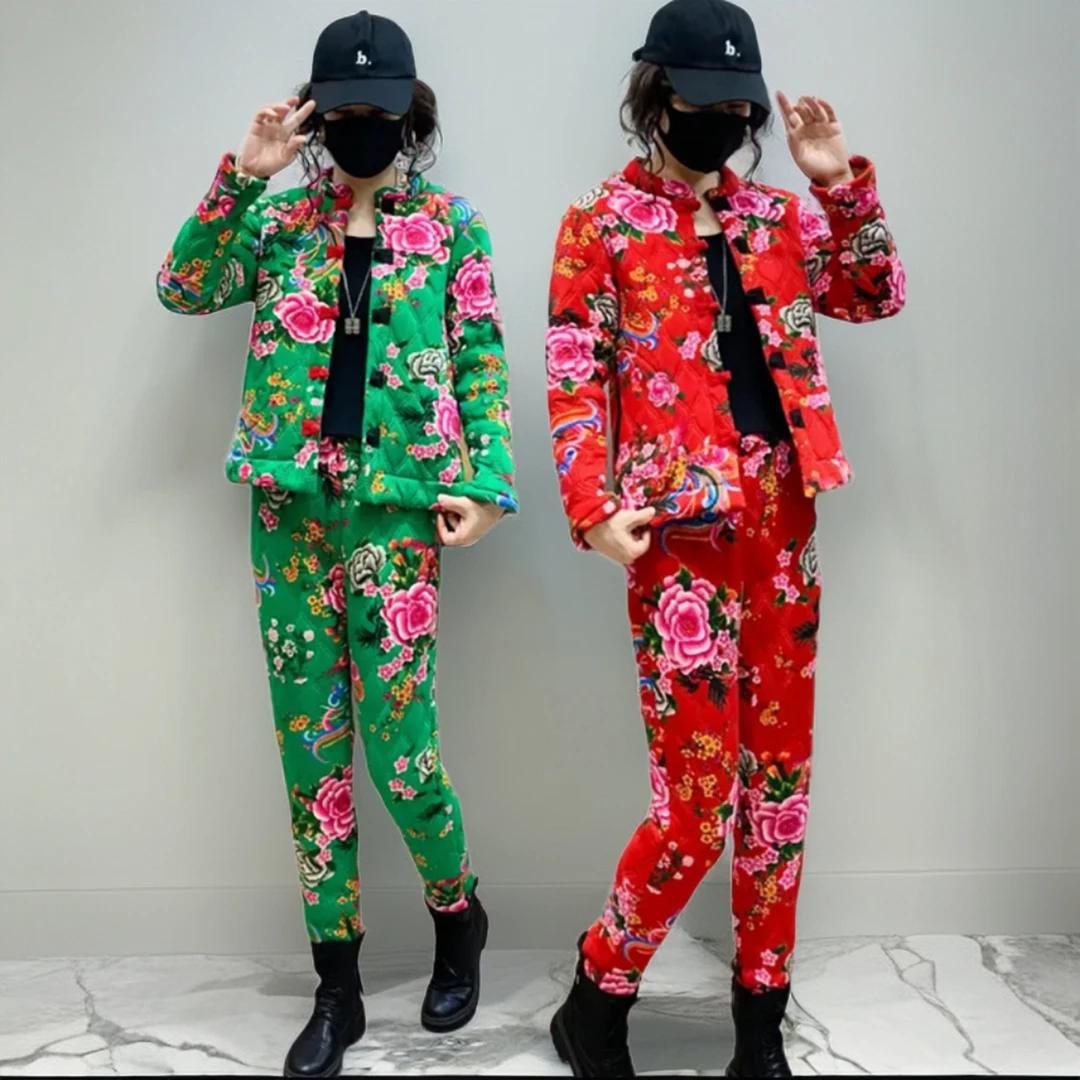 网红爆款东北大花袄大棉袄成人套装女款加厚名族风小花袄棉衣棉裤