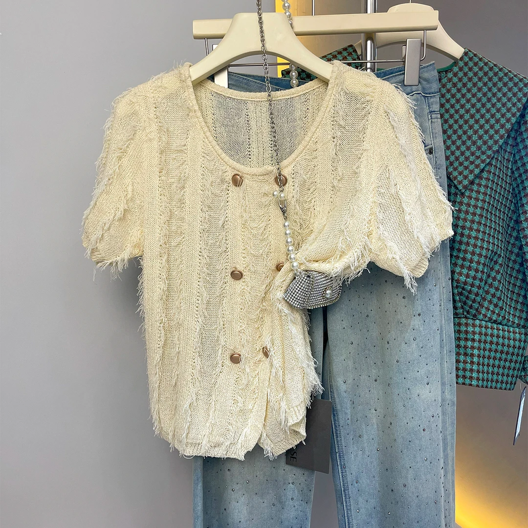 法式小香风流苏双排扣针织开衫短袖夏季小众设计感短款冰丝上衣女