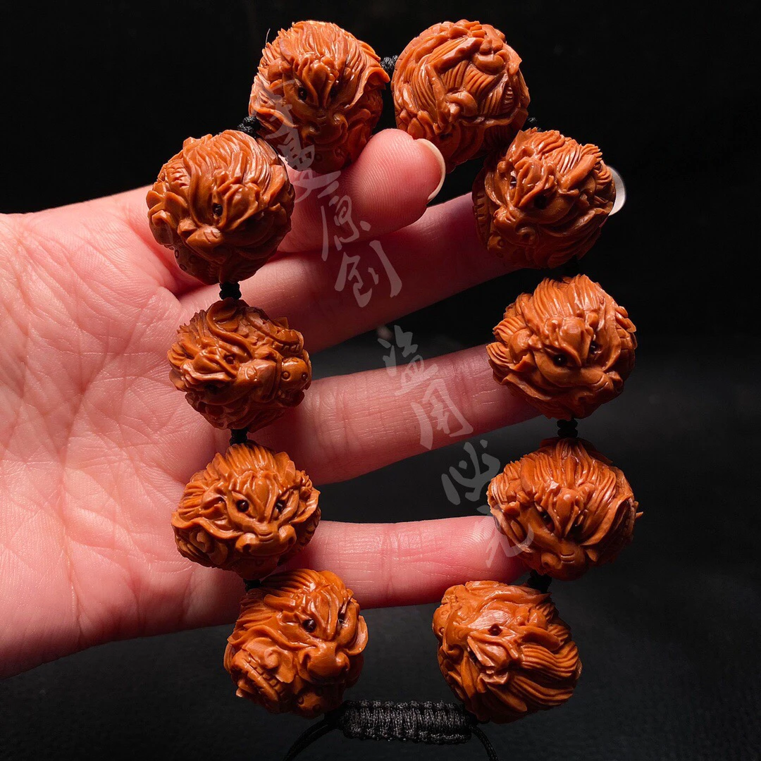 「九龙献瑞」 手串橄榄核纯手工雕刻文玩盘玩手链核雕手工艺品