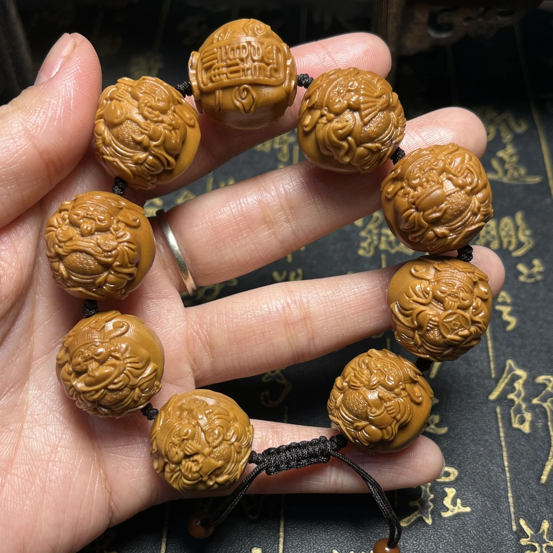 浮雕龙财神手串手链橄榄核念珠雕刻文玩工艺品核雕