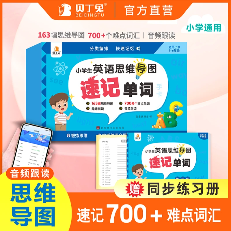 贝丁兔【小学英语速记单词手卡】2024新版思维导图速记单词小学通用