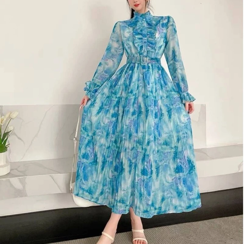 雪纺印花百褶裙法式轻奢气质淑女大摆长裙2024春新款GL228
