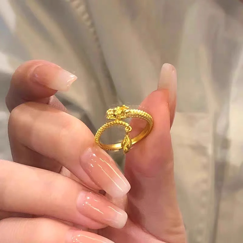 瑞诺黄金神龙摆尾戒指女新款足金999本命年生肖龙形开口指环送礼