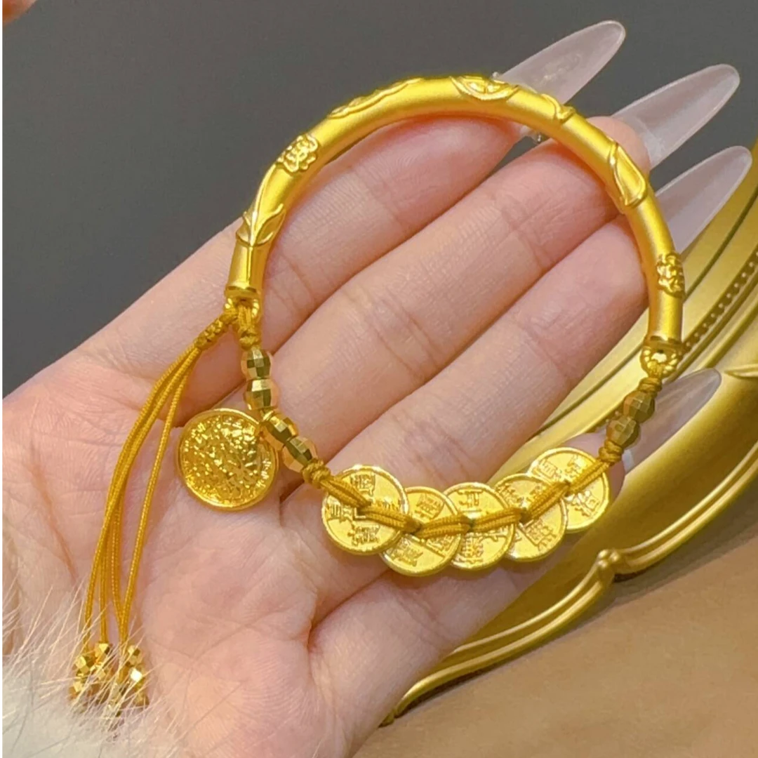 瑞诺黄金半镯足金999黄财神五帝币爆闪金珠手链送女友生日礼物