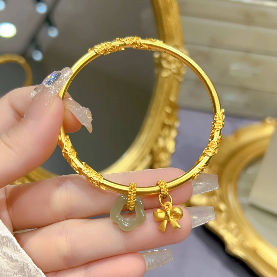 瑞诺繁花似锦金手镯足金女素圈传承细镯子生日七夕情人节礼物