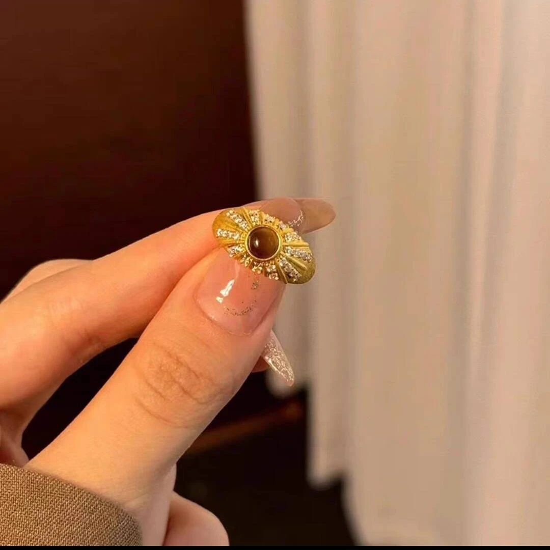 瑞诺黄金虎眼拉丝莫桑钻戒指女2025新款足金999开口戒礼物送女友