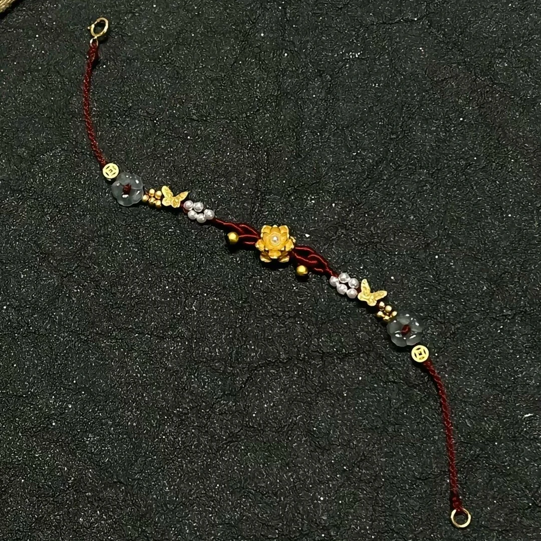 瑞诺黄金莲花手链女999足金新款纯手工编织红手绳情人节告白礼