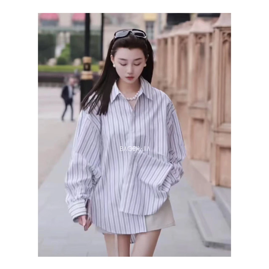 1-【慵懒感衬衫】宝儿家BK28224103春季时尚宽松棉莱赛尔长袖衬衫