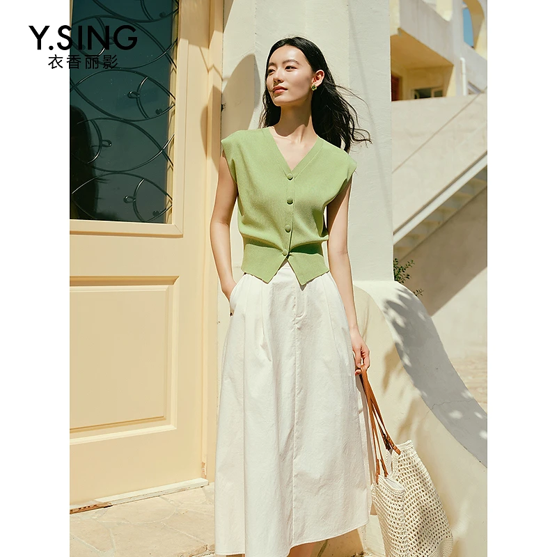 衣香丽影薄荷曼波绿色无袖针织衫女2024年夏季新款宽松遮肚子上衣