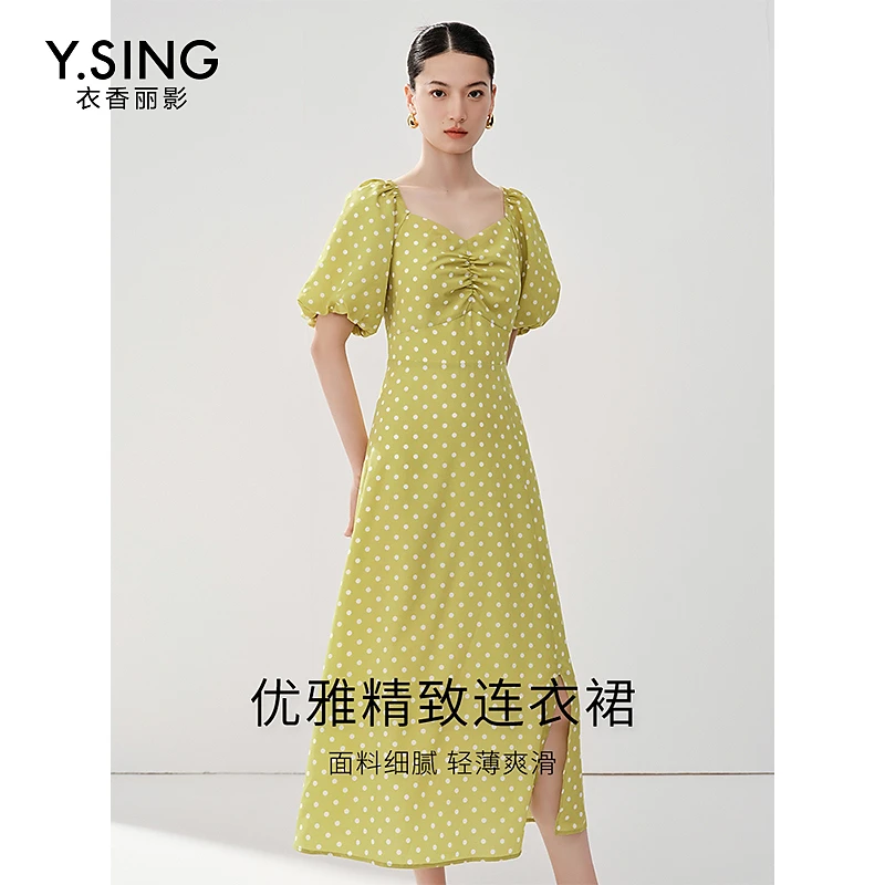 衣香丽影波点印花复古女2024年夏季新款法式泡泡袖茶歇雪纺裙子