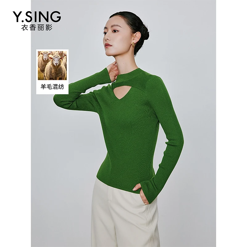 衣香丽影黑色镂空针织衫女冬季新款设计感立领韩系打底上衣