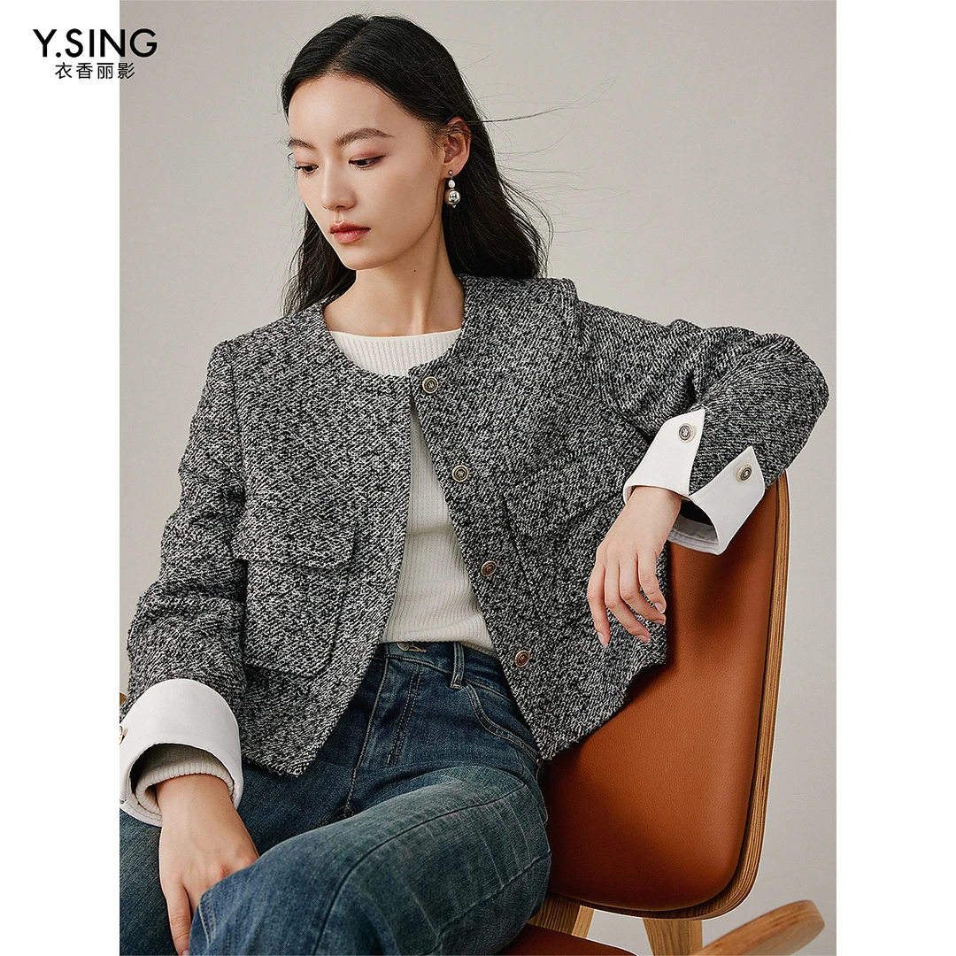 衣香丽影灰色小香风短外套女冬季新款高级感轻法风毛呢上衣
