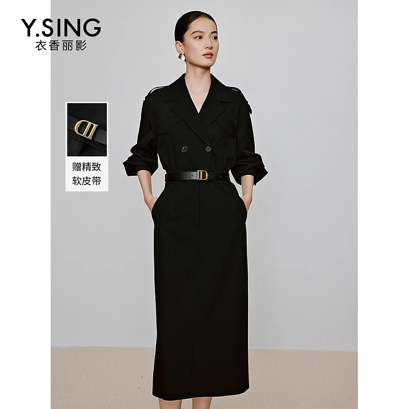 衣香丽影黑色西装领连衣裙女春季新款高级感风衣式小黑裙