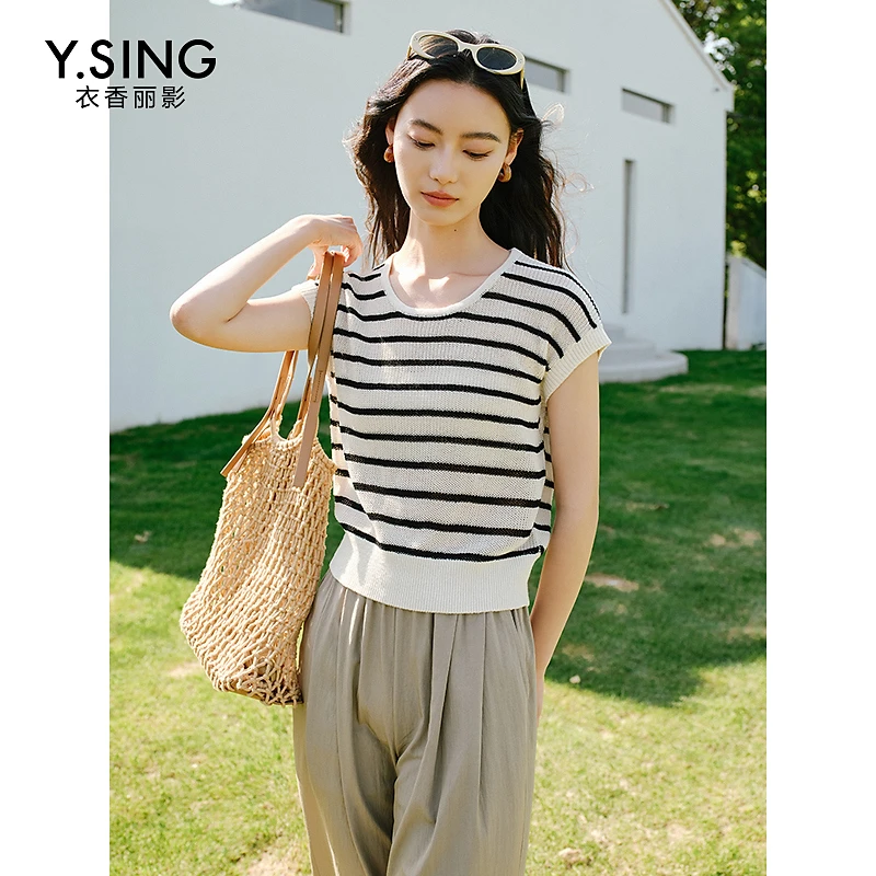衣香丽影短袖条纹针织衫女2024年夏季新款气质别致高级感冰丝上衣